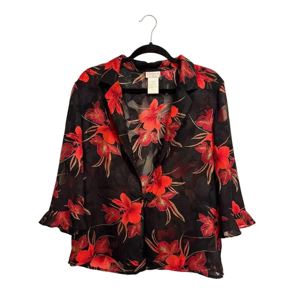 Vintage Koret Dress Sheer Floral Jacket Black Red Frog Closure, size12